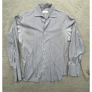 Ermenegildo Zegna Shirt Mens 39 Blue Striped Long Sleeve Collared Button Down